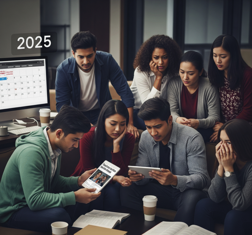 Estudantes internacionais em frente a um consulado dos EUA, preocupados com o cancelamento de vistos em 2025