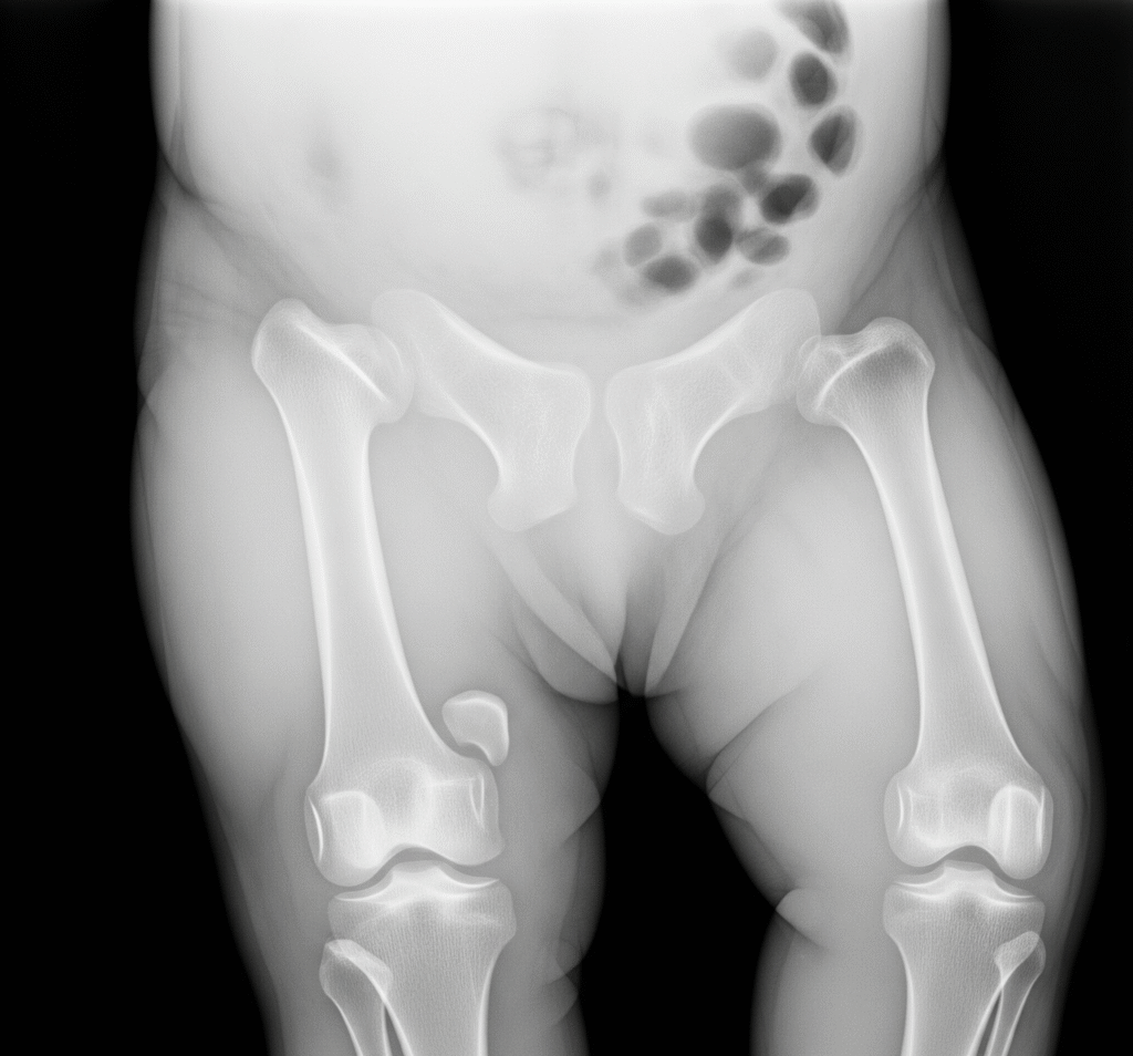 Joelho de bebê mostrando cartilagem antes da ossificação – bebês nascem sem rótula