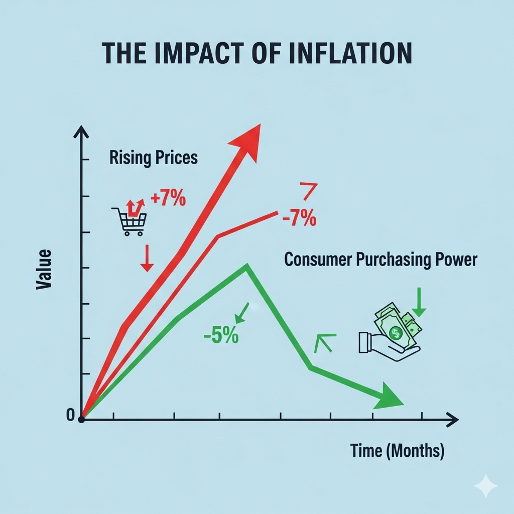 Gráfico ilustrando o impacto da inflação no aumento dos preços e no poder de compra do consumidor
