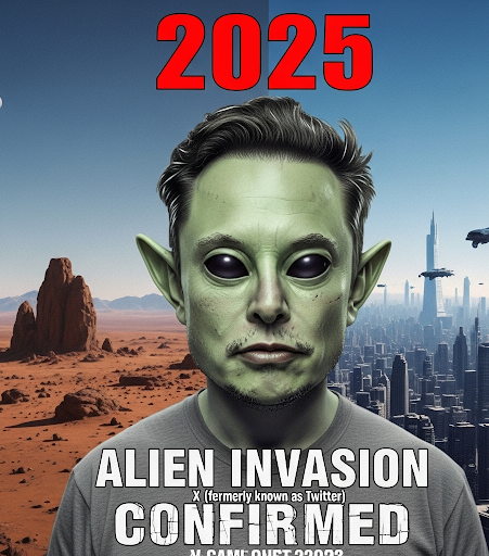 Elon Musk alienígena 2025 em meme viral, mostrando brincadeira do bilionário com viagem no tempo