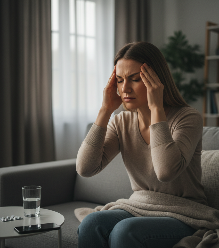 pessoa com dor de cabeça segurando a cabeça em casa
